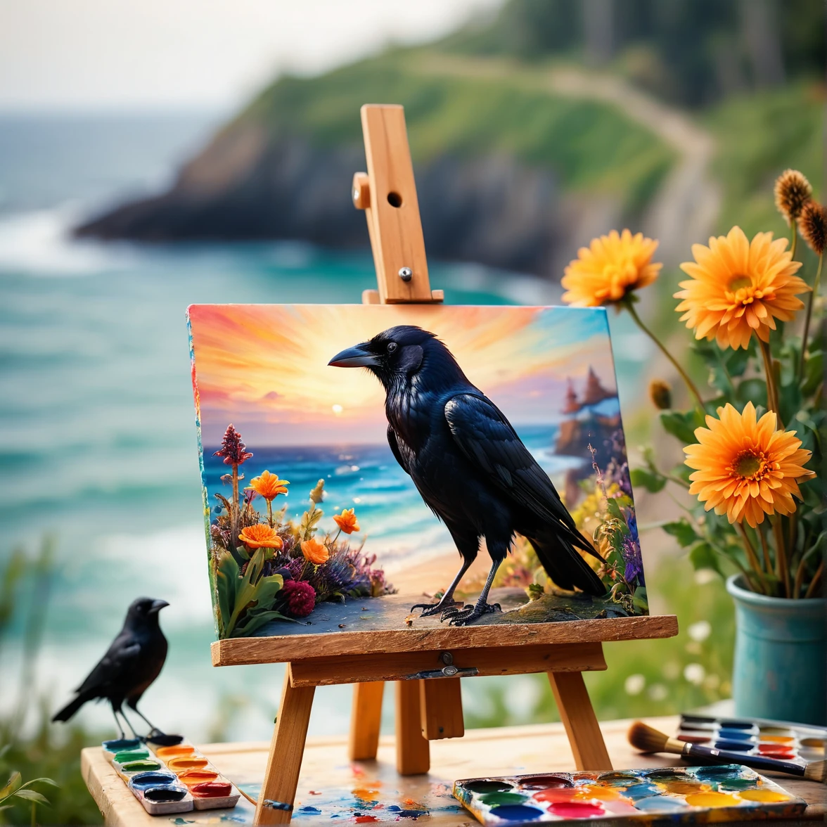 a tilt-shift photo, Selective focus, miniature effect, highy detailed, Ablaze, perspective control, an image with a natural slant (Whimsically artistic), enchanting additional fluffy, Cute crow, ((He paints a still life on an easel, brushes, seascape)), magical, macro photography, (enchanting:1.3), (luminous: 1.2), (huge flora: 1.1), Mystic, vivid photography, flickering light, preoccupied, bizarro, disturbing, softfocus, overdetailed digital art