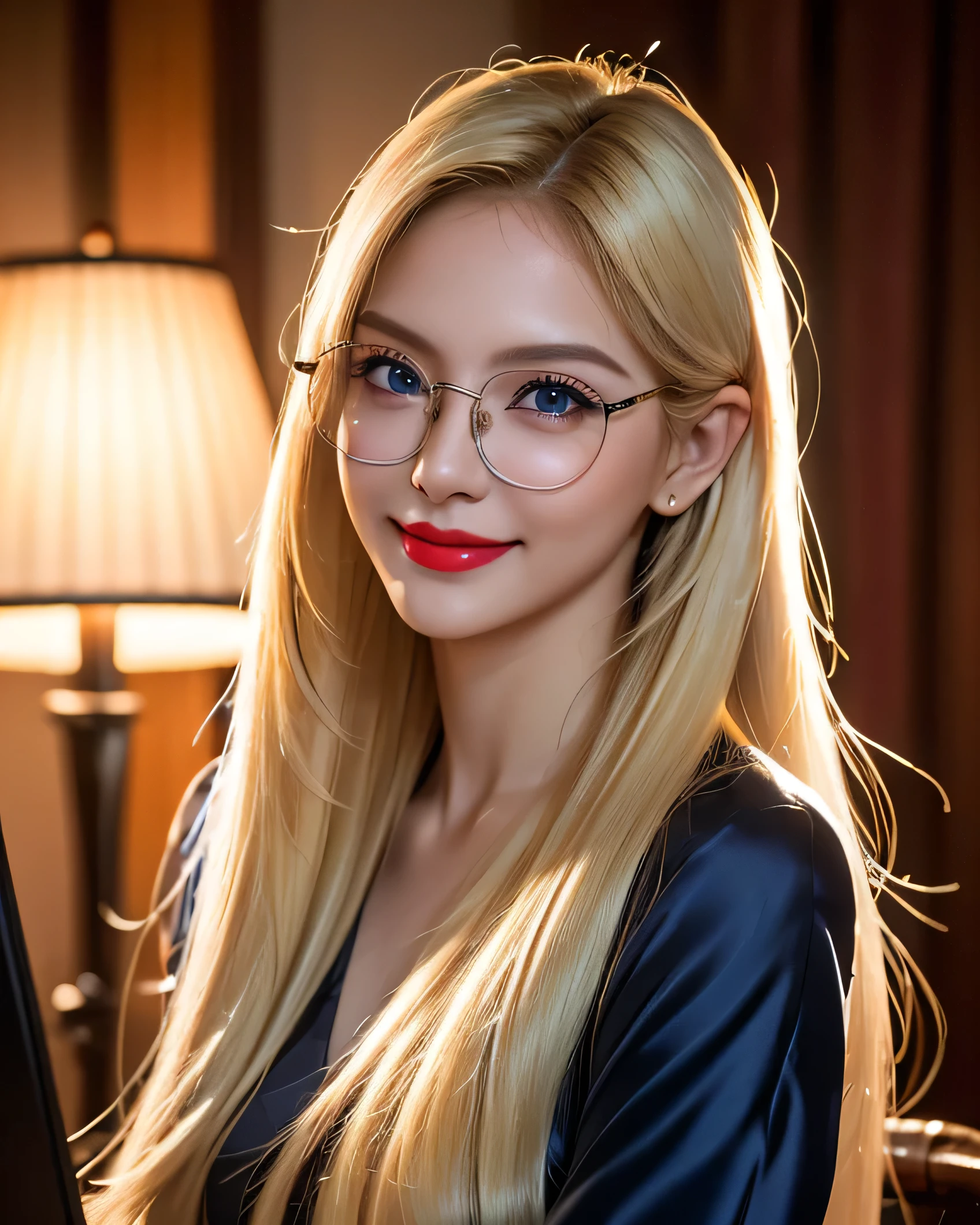 Ultra HD resolution,artistic photos,Professional candid Photography,((21 year very sexy girl, long blonde hair, cold ultra realistic skin, wearing night silk blouse with glasses)), working on computer, in a room at night, smiling at viewer, natural red lips, attention to detail