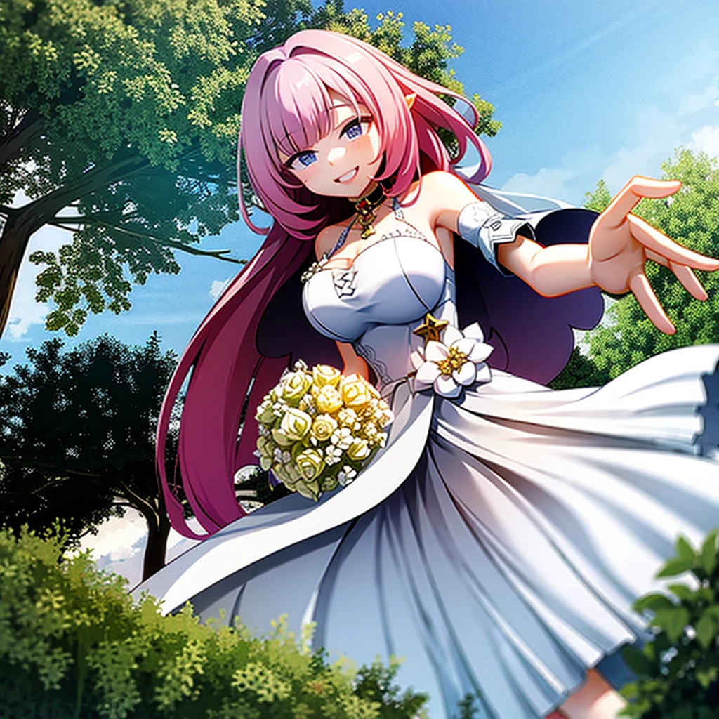 Elysia, wedding dress, holding banquet, wide smile