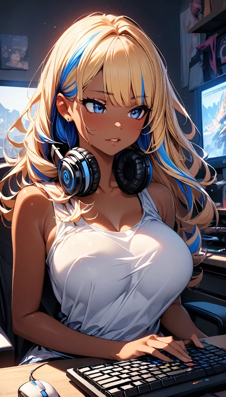 (highest quality:1.2, Very detailed, up to date, Vibrant, Ultra-high resolution, High Contrast, masterpiece:1.2, highest quality, Best aesthetics), Portraiture、girl、slim, Bright colors、Beautiful fine details、Beautiful lip detail、long hair, ((wavy hair:0.4))、messy hair, blonde and blue ((streaked hair:1.3)), highlights hair: 1.3, midium breast, (tan skin:1.3), 、tank top、playing PC game, looking at PC monitor on the desk in her room, siting chair, headphones, cowboy shot,