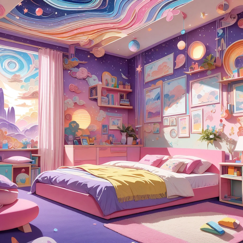 inside of a psychedelic music lover agers room, there is a bed, radiant evening light
