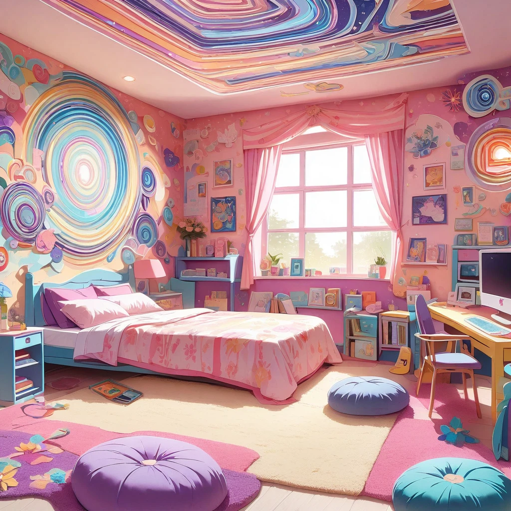 inside of a psychedelic music lover teenagers room, there is a bed, radiant evening light
