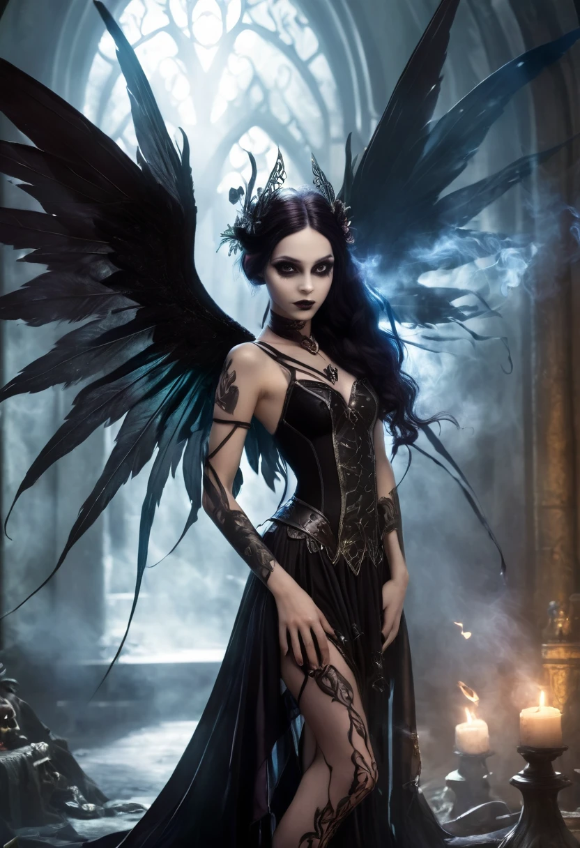 Anime personage, A beautiful ethereal cute dak fairy, gothic aethestics, smoke effects, dark long hairr, deep dark fairy wings, big detailed eyes. The scene is rich with dark fantasy elements, dramatic lighting, Captured in a dramatic and cinematic style, in dinamic composition, the image blends video game art illustration with movie picture influences.