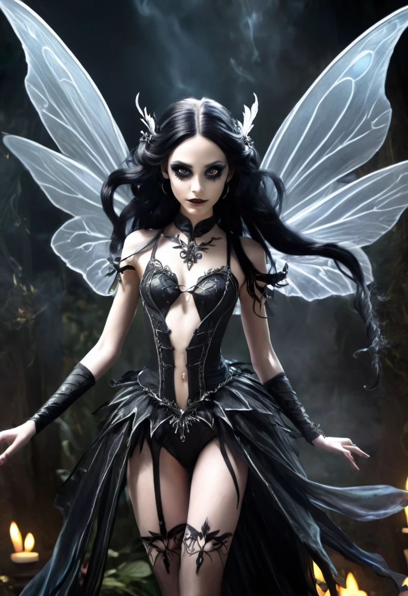Anime personage, A beautiful ethereal cute dak fairy, gothic aethestics, smoke effects, dark long hairr, deep dark fairy wings, big detailed eyes. The scene is rich with dark fantasy elements, dramatic lighting, Captured in a dramatic and cinematic style, in dinamic composition, the image blends video game art illustration with movie picture influences.