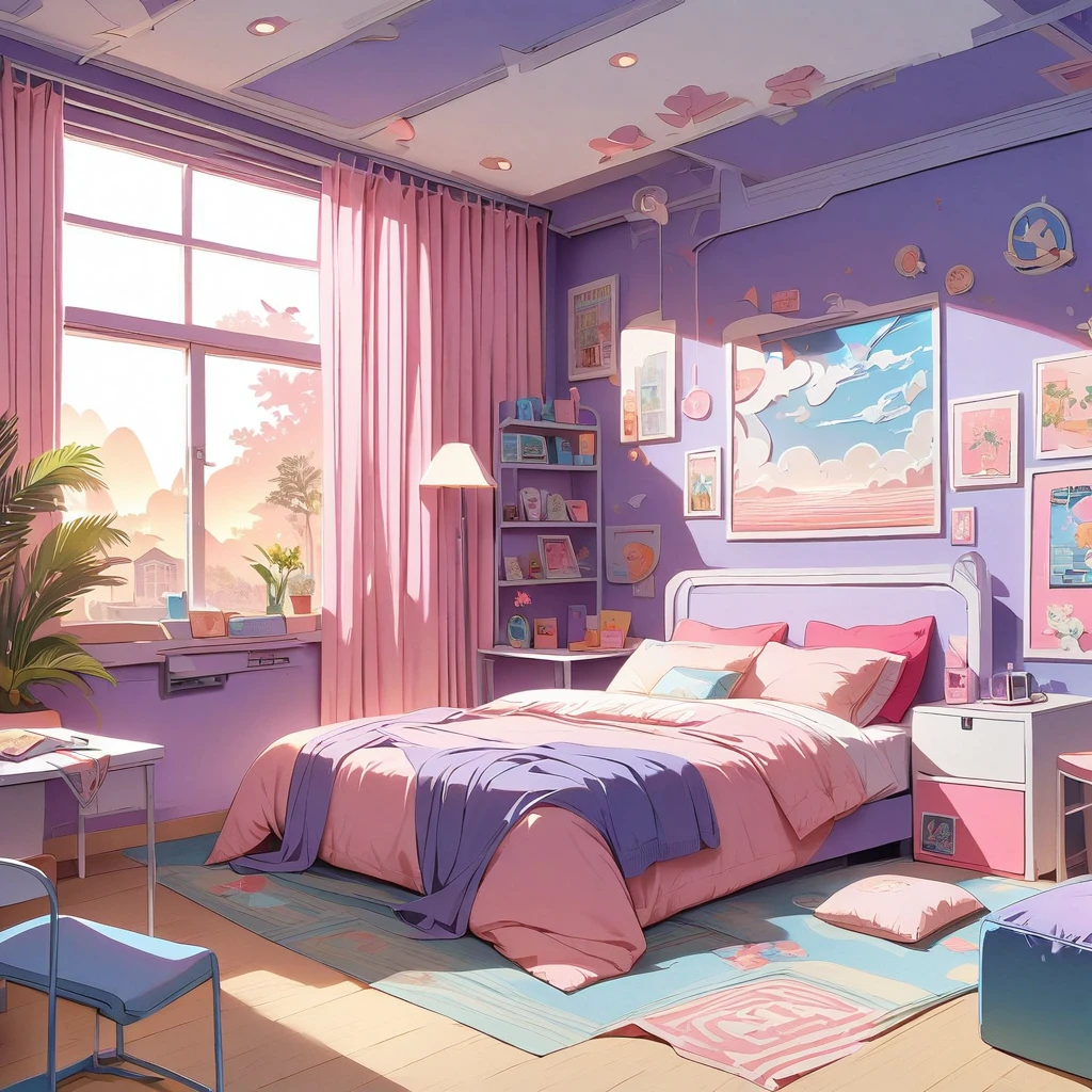 inside of a metal music lover agers room, there is a bed, radiant evening light