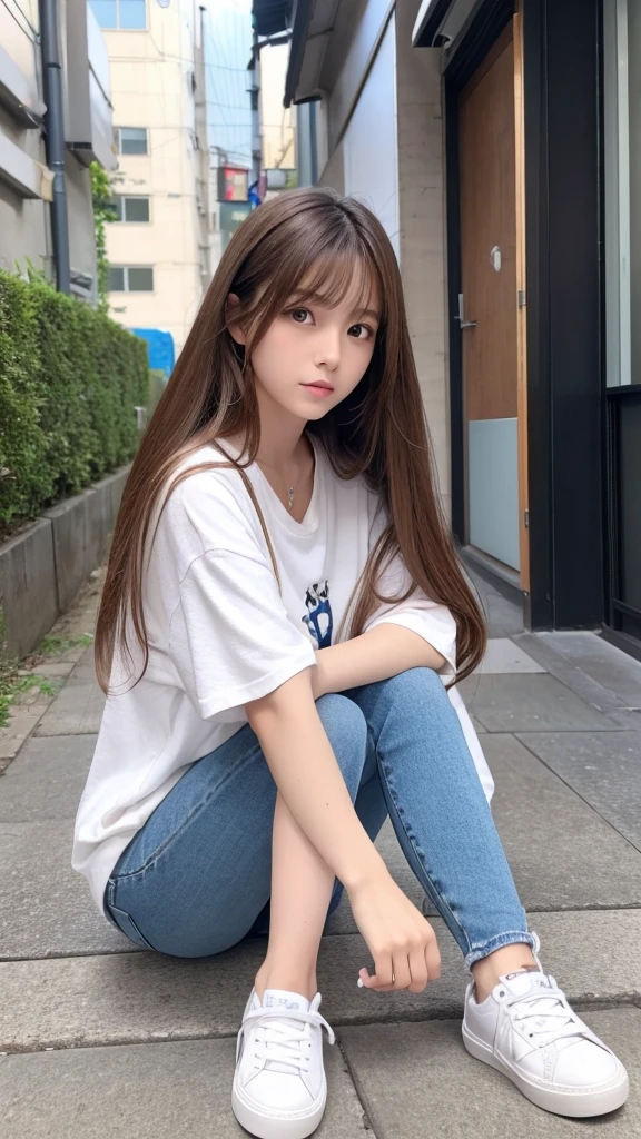 Long Hair 、Brown Hair 、Japanese、The eyes are double、For photos、White camisole、sneakers、jeanountains in the background、