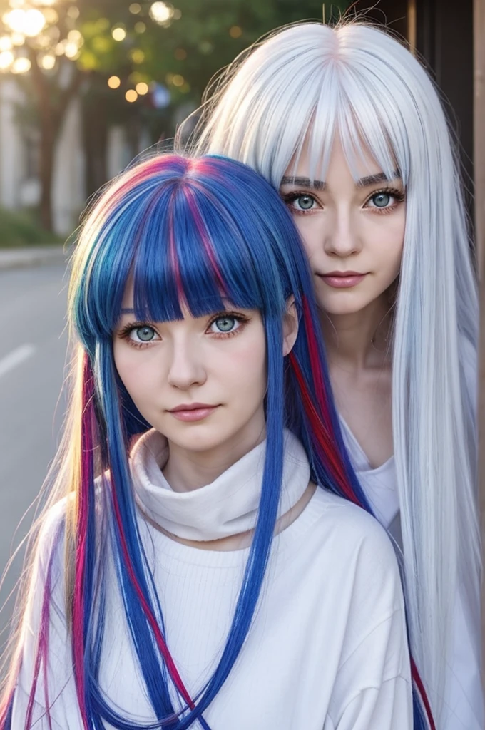 Anime 18 year weight 48 kilo old high 160 cm girl with two colored eyes red and blue, with rainbow sparkle white hair long hair and bangs have white skin she face was slightly cold a little from the outside but her personality and her is gentle cute