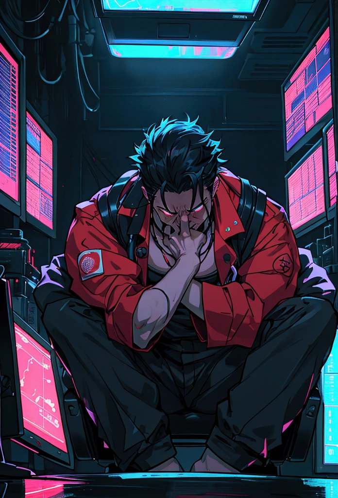 "An anime-style illustration of a day trader slumped in his chair in a dark room illuminated by neon lights. The trader's face is shadowed, reflecting deep frustration and despair. The monitors around him display plummeting stock charts, casting a red glow that highlights the intensity of his emotions."