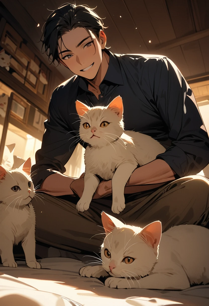(masterpiece, best quality:1.1),
Many kittens flock to one sitting man,handsome man, kittens jumping on the man's clothes,soft lighting,happily,in his house,