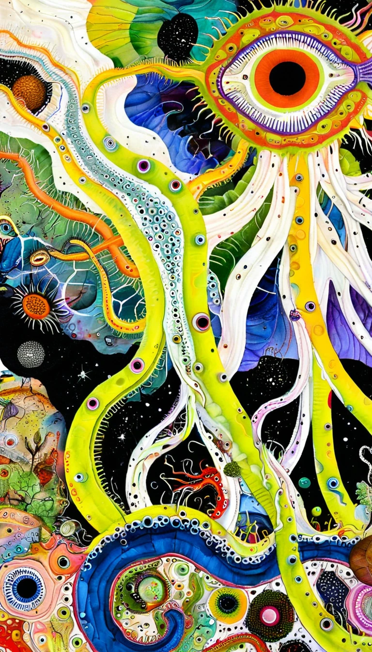 "Dick Ellescas Artist Style",root,earthworm,Caterpillash,Tentacles,Eye、diatom,Stitching together an abstract painting,Describing the inner world of autistic people,Sense of space,White Space,interesting,Innocence,Psychedelic Art,theme