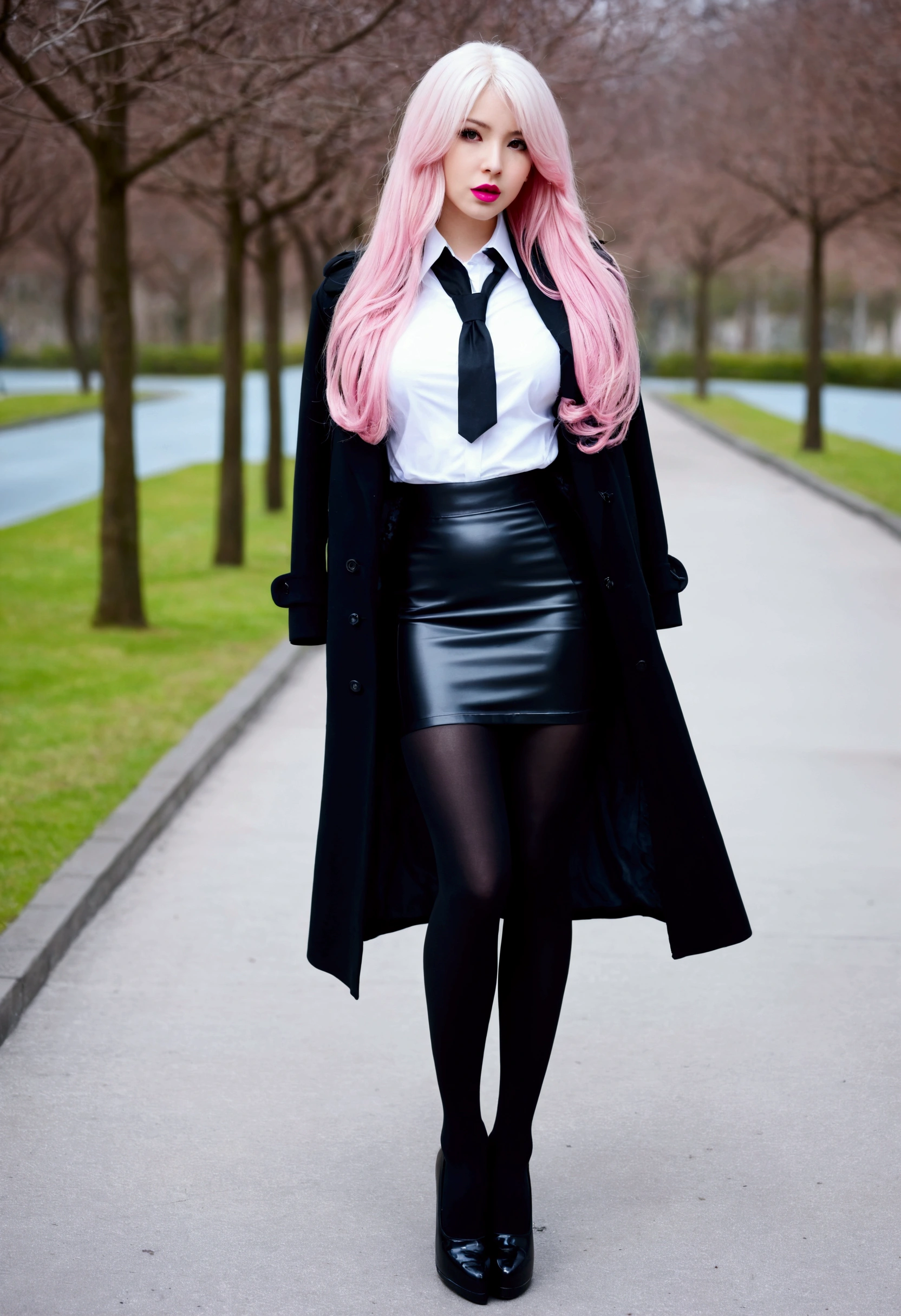 Girl,long whitr hair,Wear a white shirt,Black coat,black lence stockings,a black skirt,Uniformasterpiece,8K, latex leggings, pink lipstick