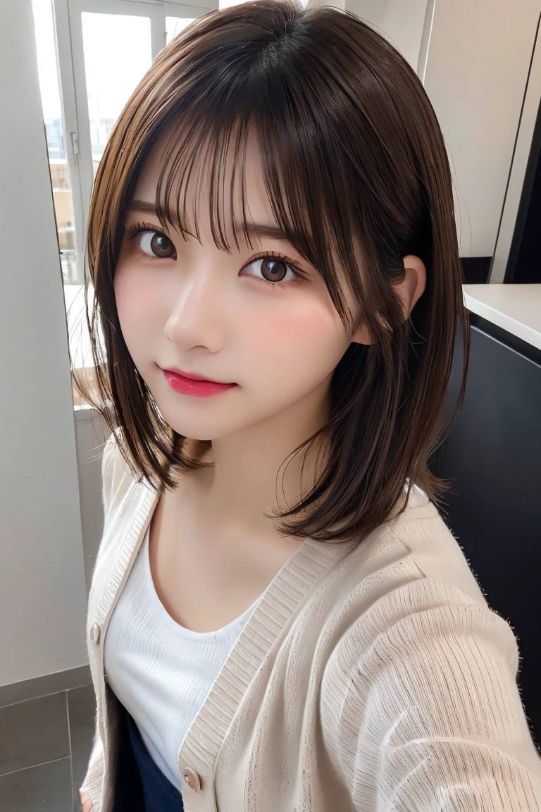 Highest quality, (beautiful)、Super delicate eyes、Brown eyes、25-year-old female、Brown Hair、Selfie、looking at the camera、Semi-short hair、cardigan、camisole、Shoot from above
