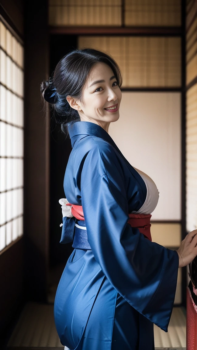 Mature attractive sexy woman,50 years old, ((kimono)),((Ultramarine))、(((kimono))),Shut,((Big Breasts:1.2)),(Facial wrinkles:1.3),light makeup,Light brown hair,Long Hair,(Full body photo:0.85),(Emphasize big buttocks),8K, RAW Photos, Highest quality, Laughter,masterpiece,Highest quality、A gentle smile、A gaze that seduces viewers、Random hairstyle、Japanese-style room、Shoji Screen、lanthanum、