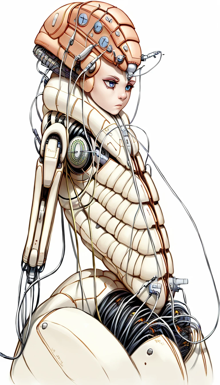 (((masterpiece))), (((best quality))), ((ultra-detailed)), (highly detailed CG illustration), ((an extremely delicate and beautiful)),(from side),cinematic light,((1mechanical girl)),solo,full body,(machine made joints:1.2),((machanical limbs)),(blood vessels connected to tubes),(mechanical vertebra attaching to back),((mechanical cervial attaching to neck)),(sitting),expressionless,(wires and cables attaching to neck:1.2),(wires and cables on head:1.2)(character focus),science fiction,white background, extreme detailed,colorful,highest detailed