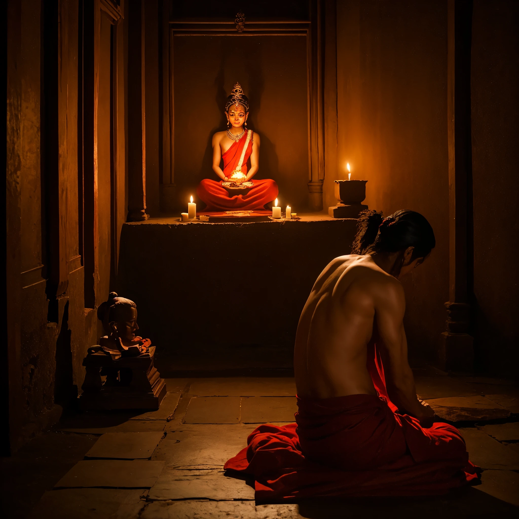 In a dark room, a 50-year-old man wearing a red cloth is sitting on the floor performing yajna at the yajna altar. Only the back of the man is visible. The dark room is dimly illuminated by the light of the sacrificial fire. On the wall in front of the manor is a statue of Hindu goddess, seated on Padmasana.