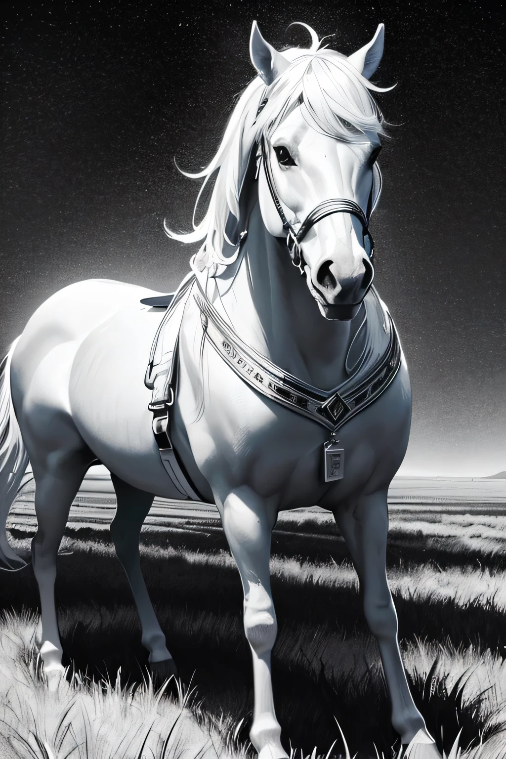 coloring image, fairy tail, horse, stunning beautiful nature all around, crisp and sharp lines, black and white, white background, Hd, 4K, no humans, sketch, children coloring book, coloring image for children, easy