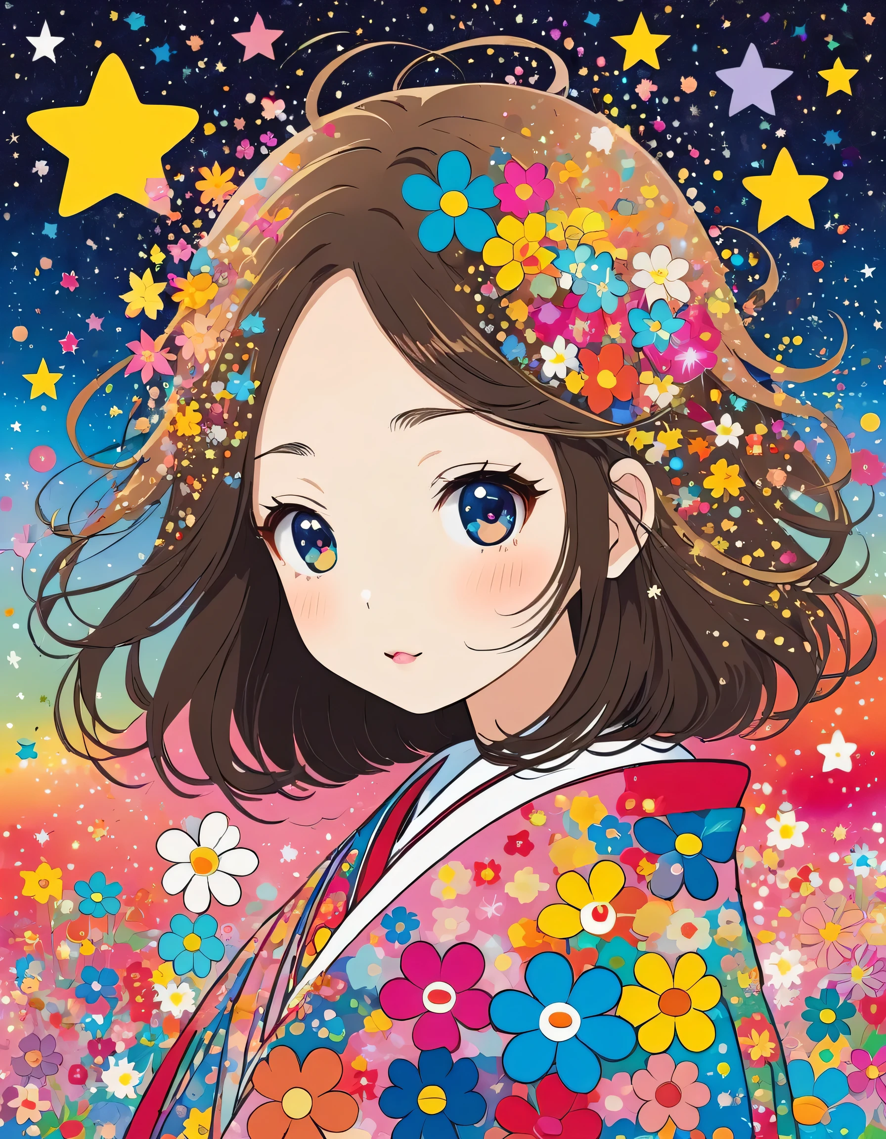 Takashi Murakami style, Simple Line Initialism，Abstract art，Kawaii Design, The most beautiful girl of all time, The background is star dust, colorful hearts, colorful flowers,