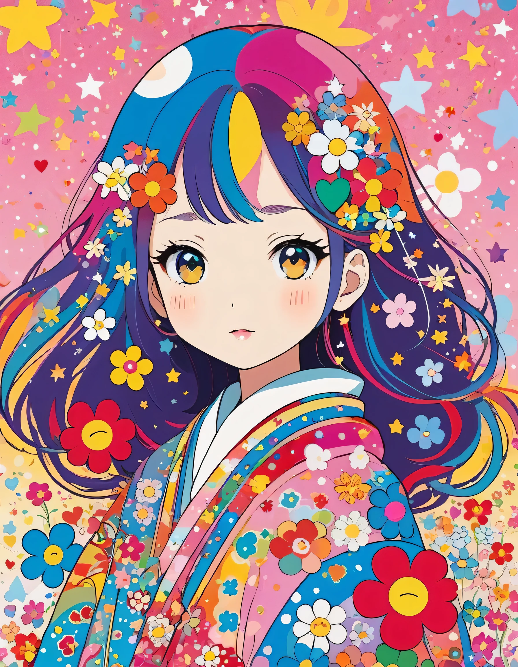 Takashi Murakami style, Simple Line Initialism,Abstract art,Kawaii Design, The most beautiful girl of all time, The background is star dust, colorful hearts, colorful flowers,