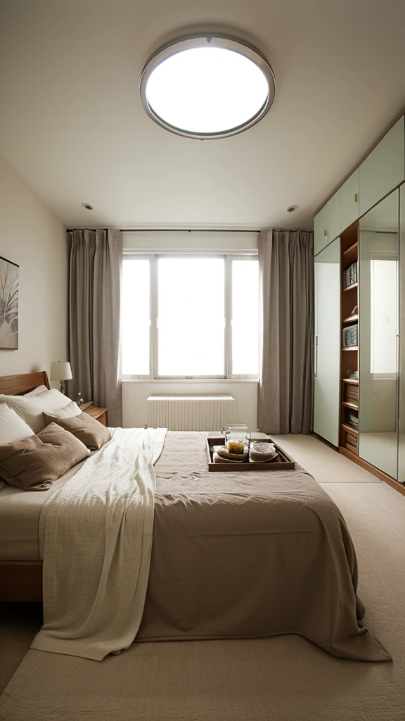 Bed room with surrounding large glass windows, interior design, bedcover, blanket, cozy, small table, wardrobe, round mirror, 