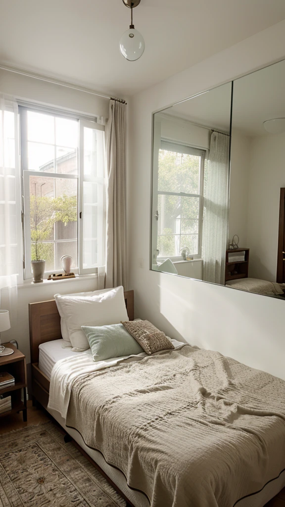 Bed room with surrounding large glass windows, interior design, bedcover, blanket, cozy, small table, wardrobe, round mirror,