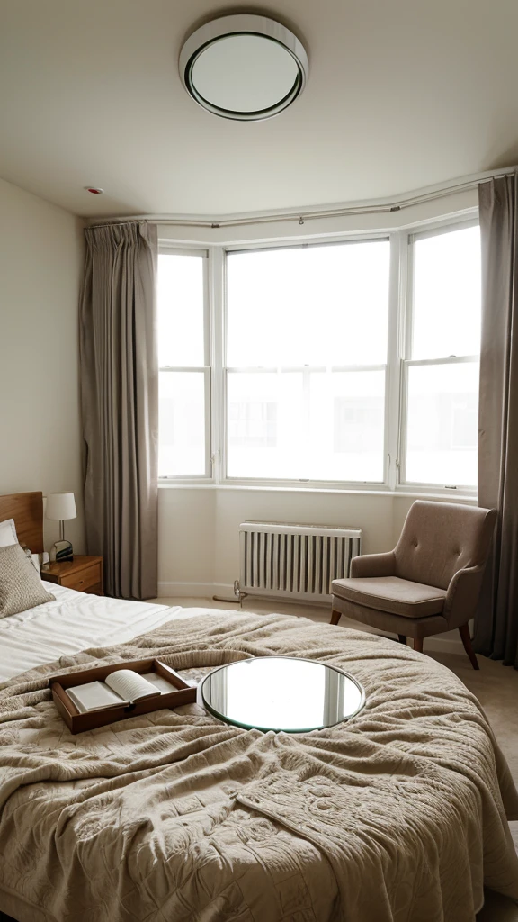 Bed room with surrounding large glass windows, interior design, bedcover, blanket, cozy, small table, wardrobe, round mirror, 