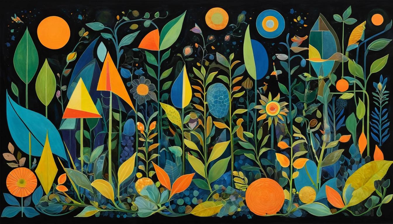 A surreal, abstract composition featuring various geometric shapes and forms in vibrant colors like green, blue, yellow, and orange against a dark background. The shapes appear to be stylized representations of organic elements like leaves, flowers, and insects. The overall style has a whimsical, dreamlike quality.