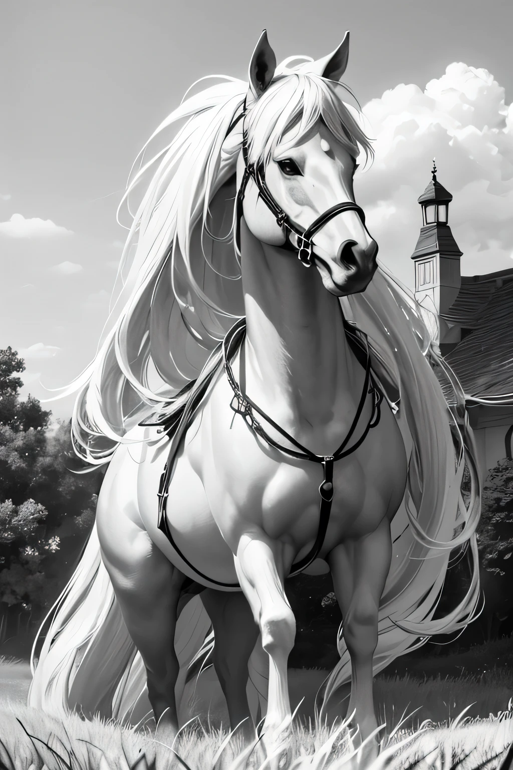 coloring image, fairy tail, horse, stunning beautiful nature all around, crisp and sharp lines, black and white, white background, Hd, 4K, no humans, sketch, children coloring book, coloring image for children, easy