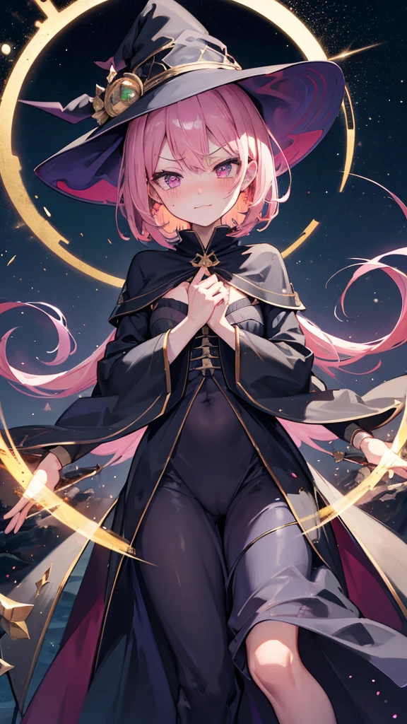 Best quality, Ultra detailed, best quality, insanely detailed, beautiful, masterpiece, 8k,
break
Lens Flare,night sky, Streaks of Light,refraction Glowing white lines ,Crossing Light,Shining Background, light particles
break
Dark Forest,
break
1lady, sclupture, pink hair, short hair, witch hat, green hat, gold Crescent-shaped ornament, on hat, pink eyes, ultra detailed eyes, witch robe, dark blue robe, long robe, gold star-shaped ornament on the center of chest, sparkling wand, sclupre hand, shimmering aura around lady,
Break
full body, portlait, evil smile, evil grin, (sharp eye:1.2),(scowl:1.1), (stare at viewer:1.5), (embarrassed,blush:1.3), nsfw,(ecstasy:1.3) ,(slut:1.2),(vulgarity:1.3),(fucked silly:1.1),(steam:1.1),(wet:0.8),(drooling:0.6),(sweat:0.8),