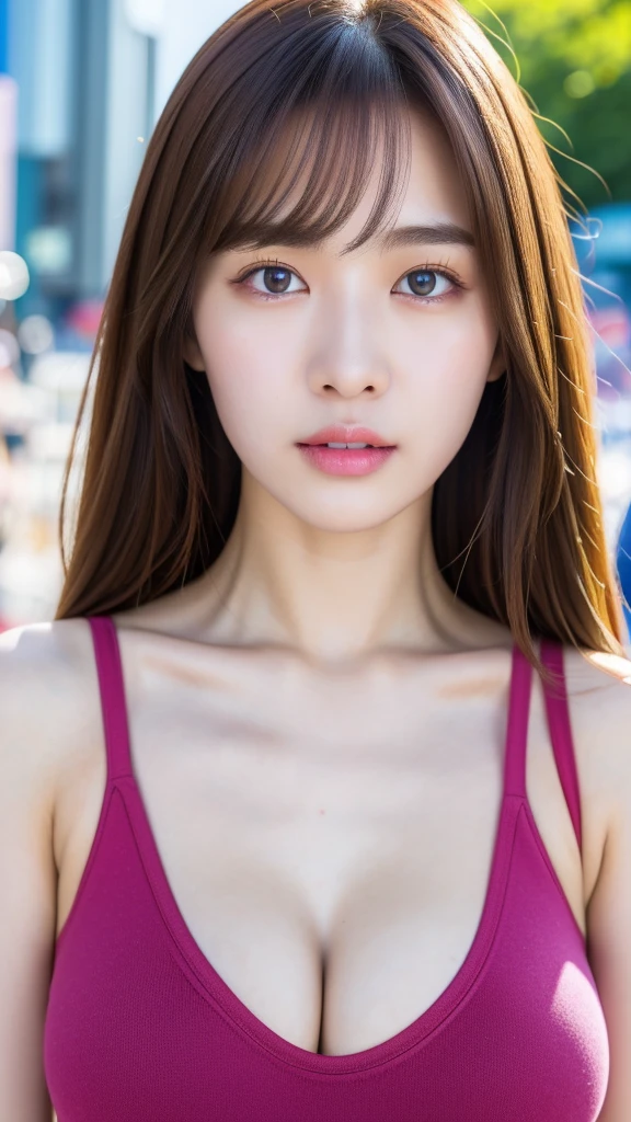 RAW photo, (best quality, 8k, 32k, masterpiece, UHD:1.2), ultra high resolution, (pretty a Korean early girl:1.3), beautiful detailed eyes, long brown hair, bangs, (wearing magenta tank-top), big breasts, cleavage, portrait, (crowded city boulevard on a bright sunny day:1.2), (detailed background:1.5)