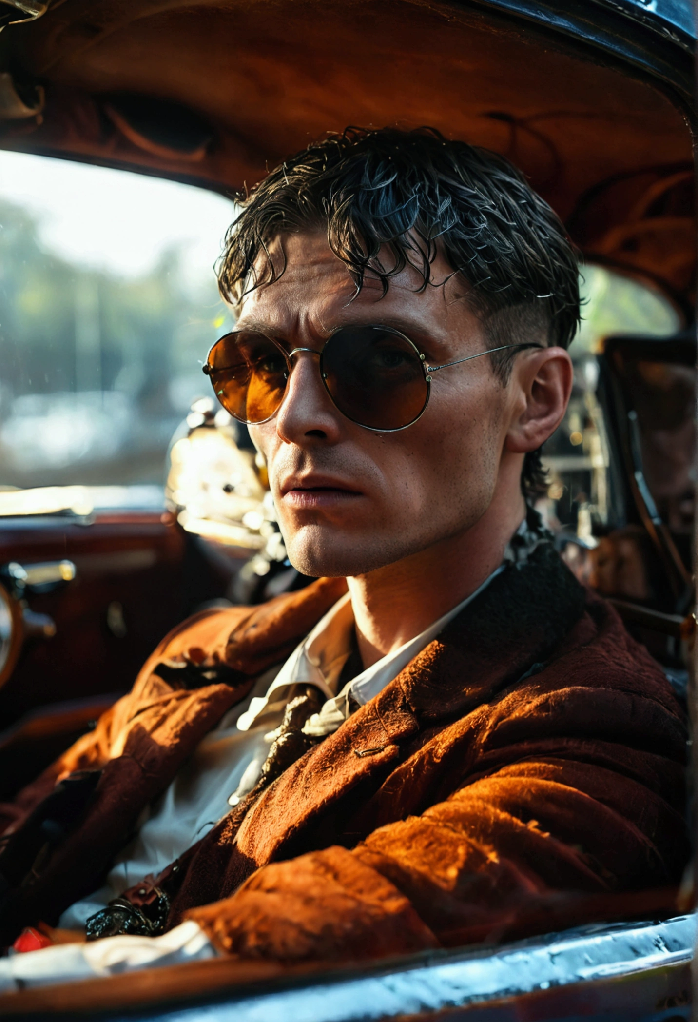 1 male character, peaky blinders style, detailed face, intricate costume, high-end luxury car, dramatic lighting, cinematic composition, hyper-realistic, photorealistic, 8k, award-winning quality, chiaroscuro lighting, moody atmosphere, gritty and grungy, high contrast, strategic depth of field, dramatic shadows, cinematic camera angle, rich colors, elegant and sophisticated, flawless rendering, incredibly detailed