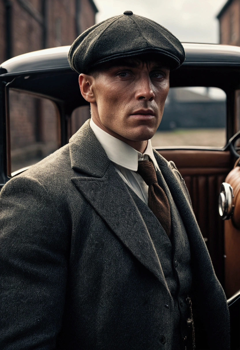 1 male character, peaky blinders style, detailed face, intricate costume, high-end luxury car, dramatic lighting, cinematic composition, hyper-realistic, photorealistic, 8k, award-winning quality, chiaroscuro lighting, moody atmosphere, gritty and grungy, high contrast, strategic depth of field, dramatic shadows, cinematic camera angle, rich colors, elegant and sophisticated, flawless rendering, incredibly detailed