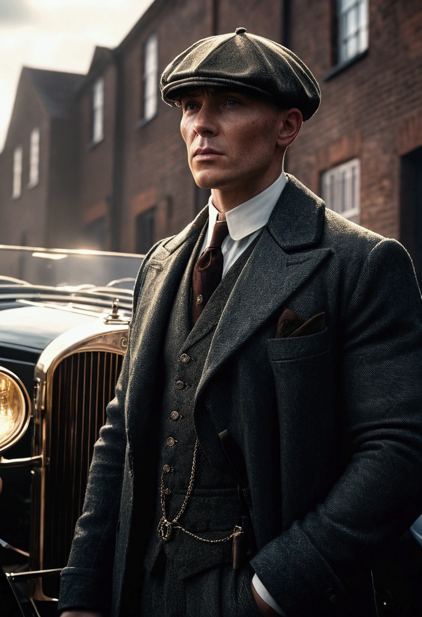 1 male character, peaky blinders style, detailed face, intricate costume, high-end luxury car, dramatic lighting, cinematic composition, hyper-realistic, photorealistic, 8k, award-winning quality, chiaroscuro lighting, moody atmosphere, gritty and grungy, high contrast, strategic depth of field, dramatic shadows, cinematic camera angle, rich colors, elegant and sophisticated, flawless rendering, incredibly detailed
