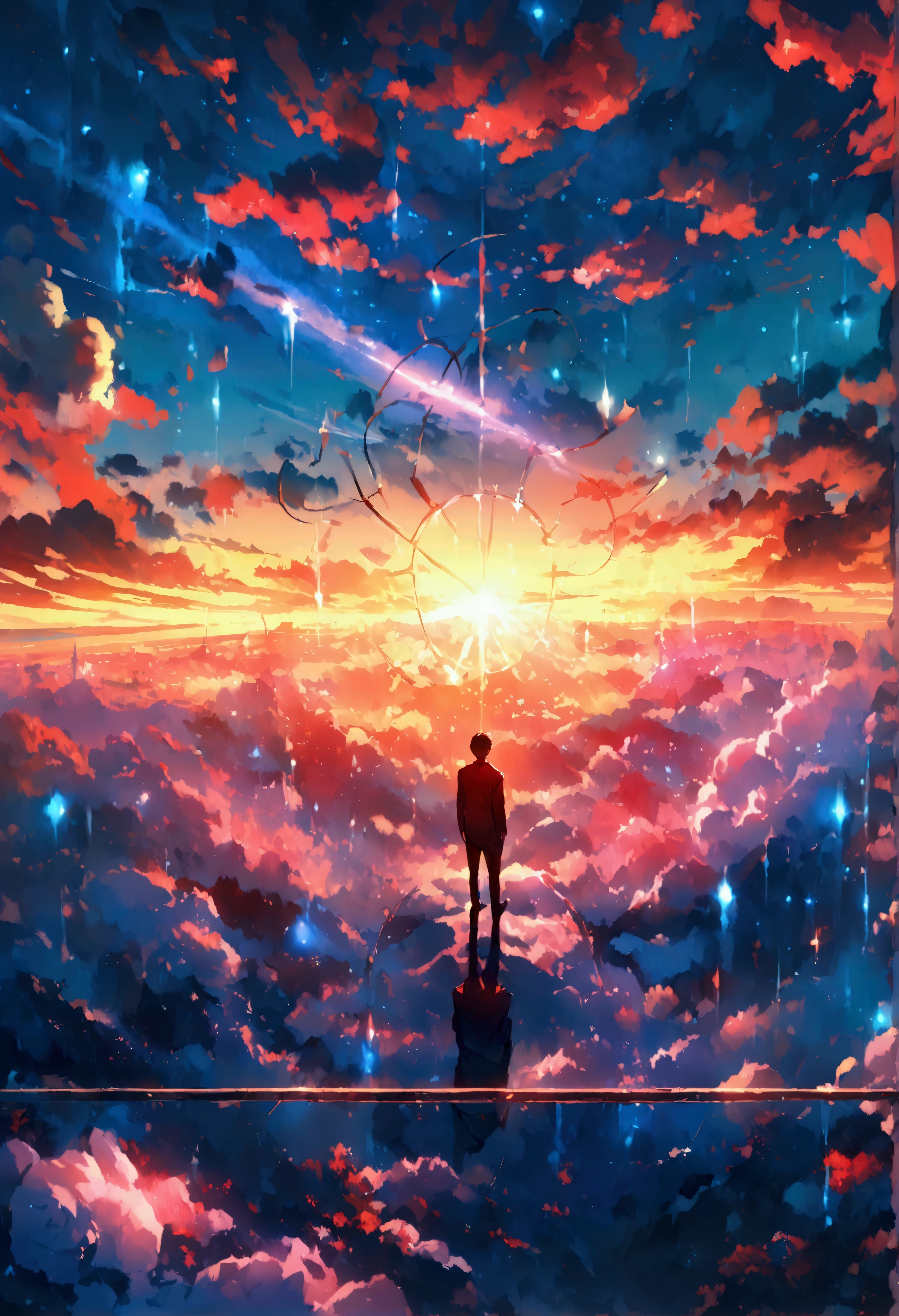 Very detailed CG Unity 8K 壁紙、Cinematic lighting、lens flare、beautiful detailed eyes、landscape、Ultra HD、cloud、8K quality、ultra sharp、Real light、surreal、Funny resolutions, A high resolution, (masterpiece:1.4), Very detailed, One boy One boy One boy One boy, view from above, space, Floating, - At six o&#39;clock&#39;times