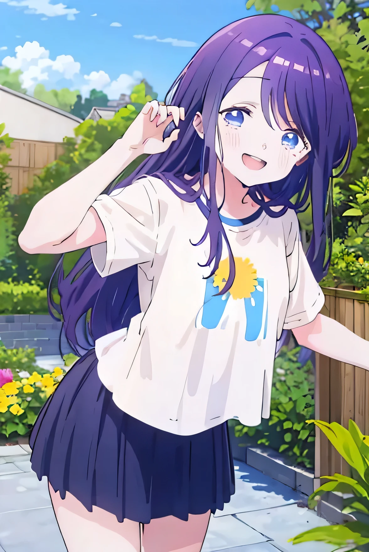 Masterpiece、Anime Coloring、Ultra fine、、、One Girl、Open your mouth wide、Lower Angle、cowboy shot、looking at the camera、smile、blush、Watery eye、Parted bangs、DullＴshirt、Leaning forward、garden、blue sky、sunny、