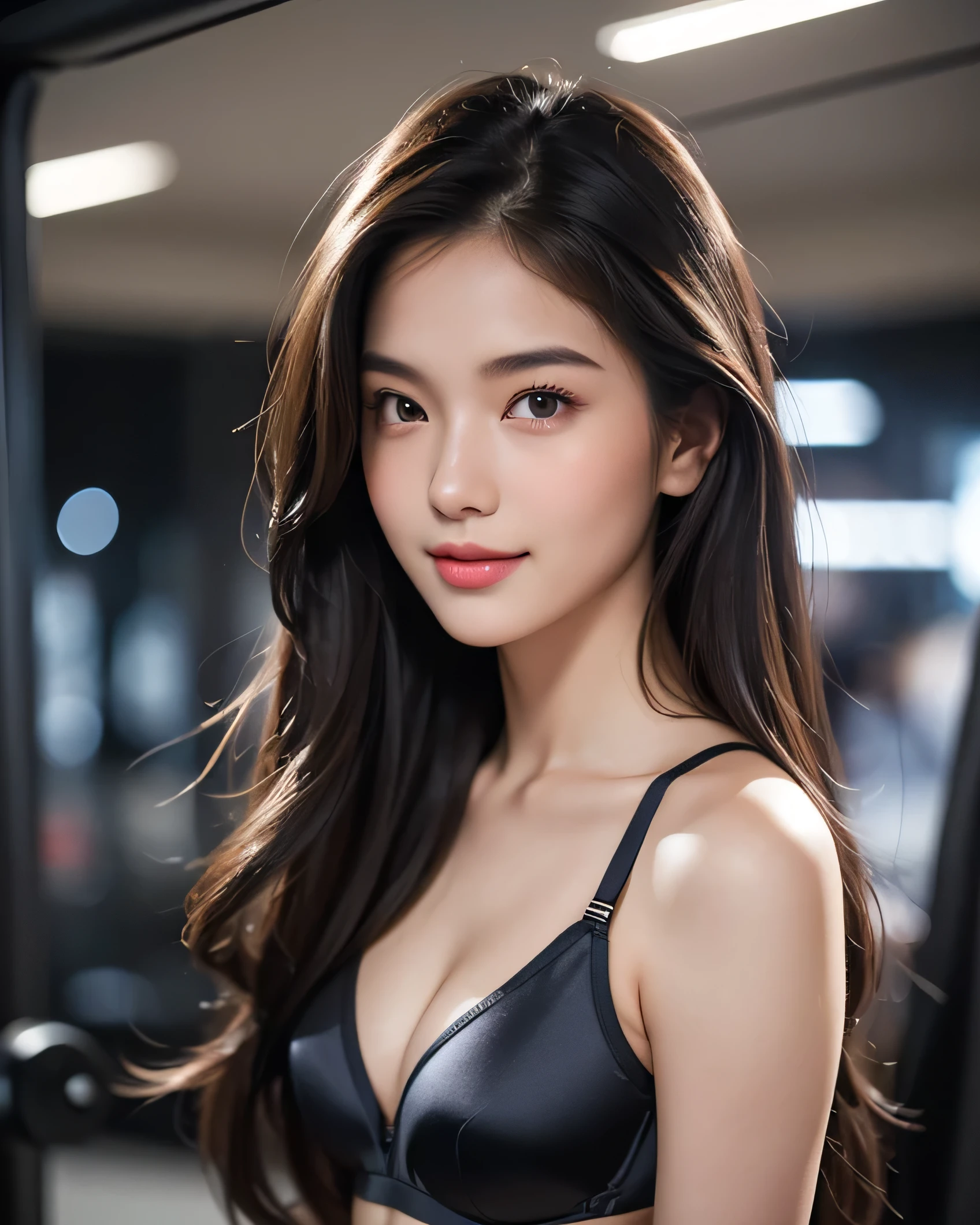 Ultra HD resolution，artistic photos，Professional candid Photography，((21 year very sexy girl, long brunette hair, cold ultra realistic skin, wearing silk sports bra)), posing like a model, in a gym at night, smiling at viewer, natural lips, attention to detail