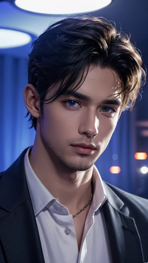 Portrait of a handsome male model in a night club, 24 ans, button-up shirt, sans barbe, with short wavy hair, yeux bleus, thick lips