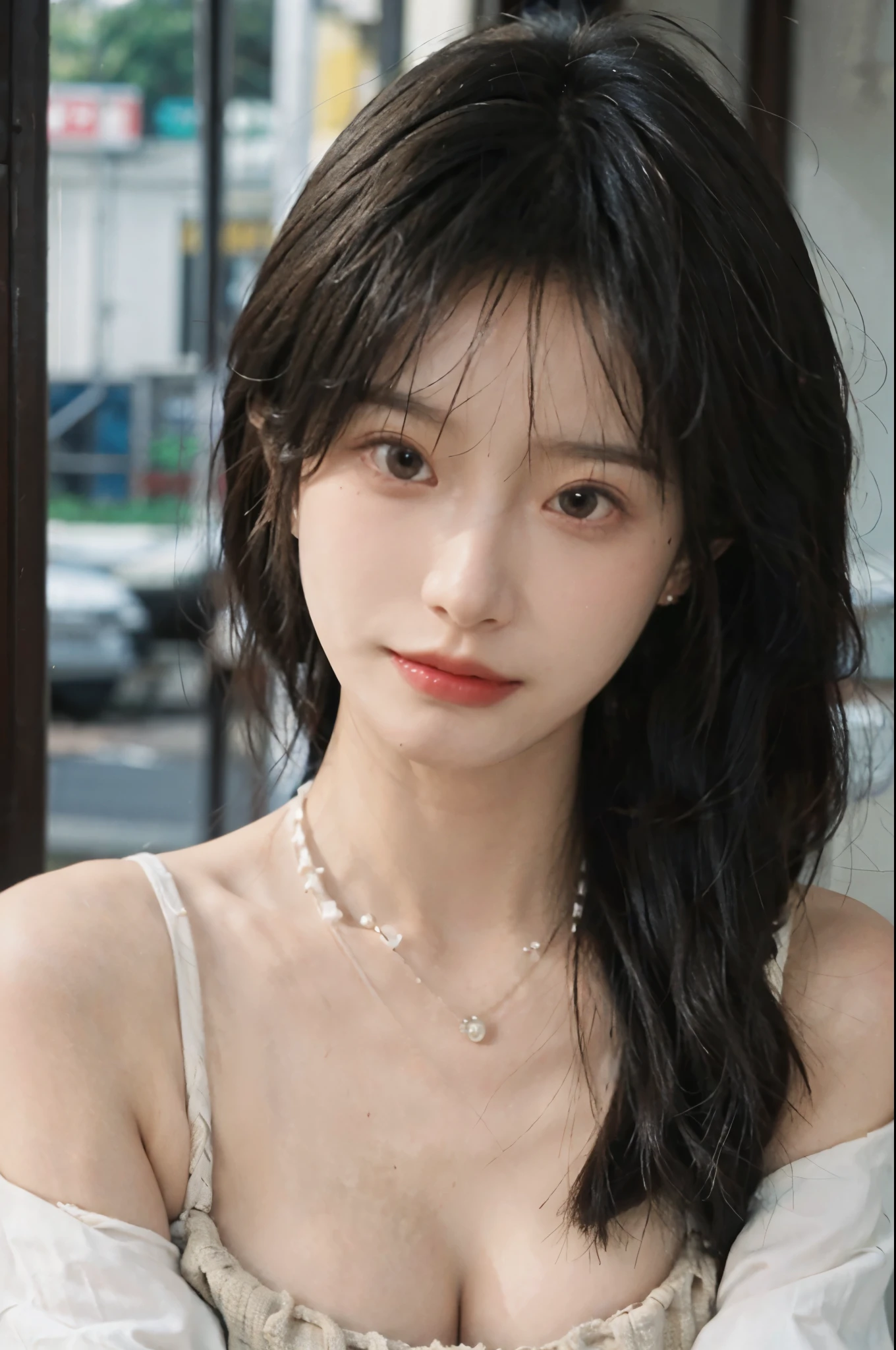 Film portrait photography, 1 girl, bare shoulders,lipstick，（flat chest：1.4）， Shoulder length wavy hair, wear necklace，scarf，earrings，short sleeves，serene, calm, (Realistic and detailed eyes, natural skin texture, Realistic facial details), Soft dramatic lighting, depth of field, Bokeh, big breasts，Areola，split，cleavage，Vibrant details, Detailed and detailed, surreal, 35mm film, hazy, ,