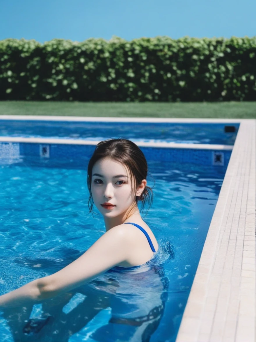blue theme,in pool,1girl,