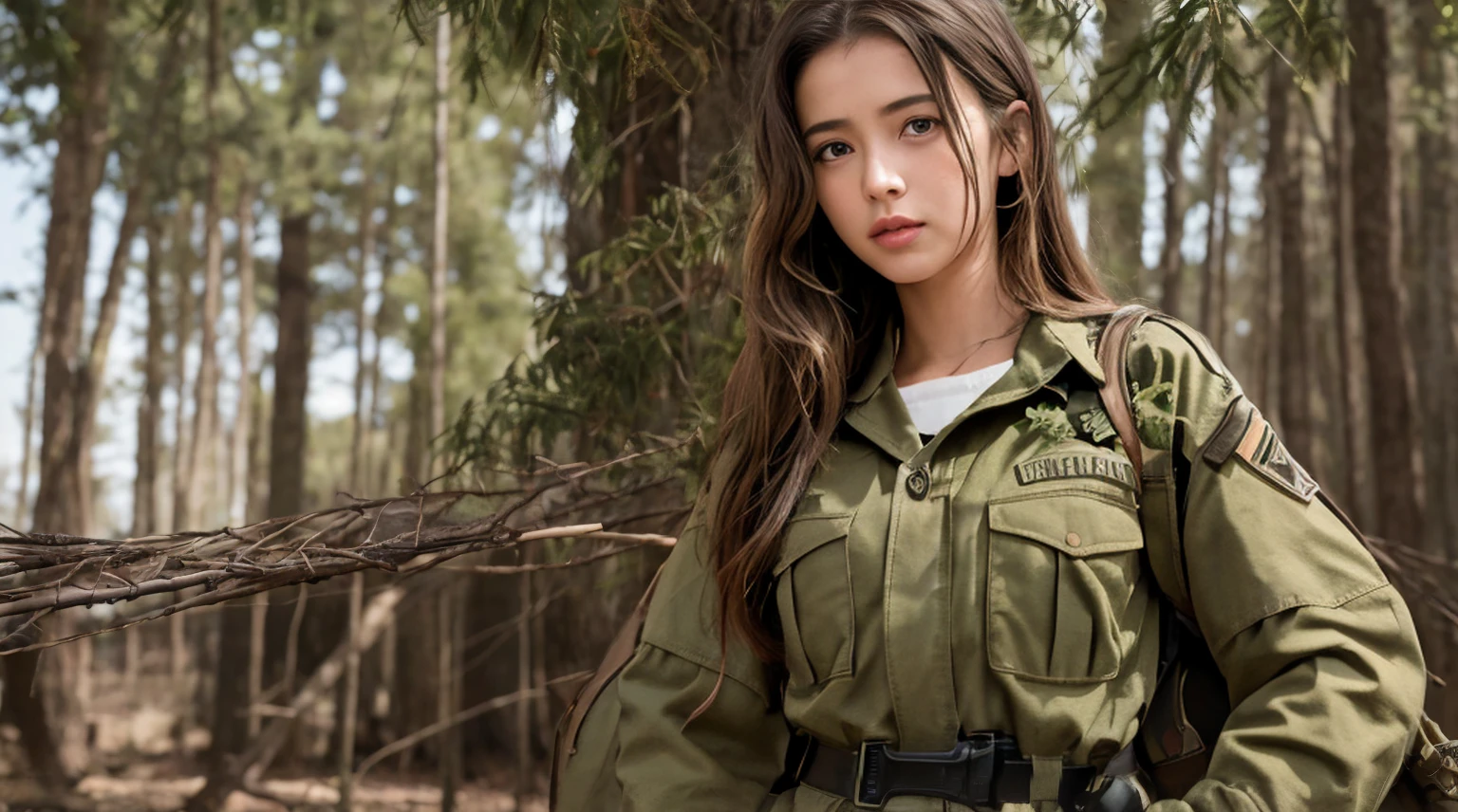 8k, highest quality, ultra detailed:1.37), Eliana, 18yo, a beautiful Israeli girl, proudly stands in a military uniform, representing her role as a soldier. She wears a fitted olive green dress. The high-resolution image captures ultra-detailed realism, highlighting Eliana's determined expression, piercing eyes, and confident stance. The backdrop showcases an forest, adding to the authenticity and significance of the image. This visually striking representation showcases Eliana's strength and dedication as a soldier.