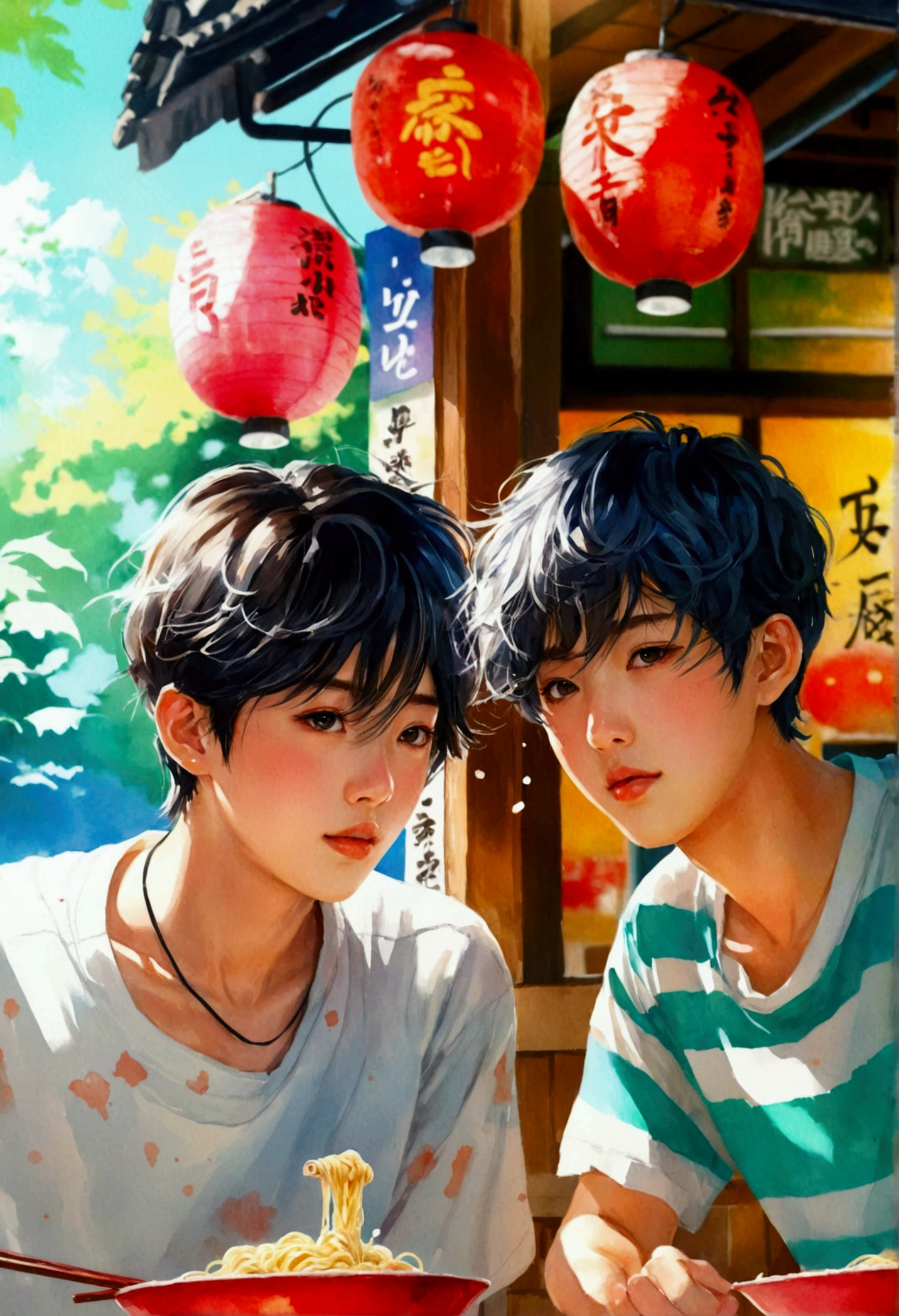 High quality, colorful illustrations of Japanese high school boys and girls in summer, and enjoying eating ramen at an old ramen shop.Fine and carefully drawn illustrations, beautiful summer, watercolors in the background, artistic and modern illustrations, etc, It's a delicate, elegant watercolor and colorful color