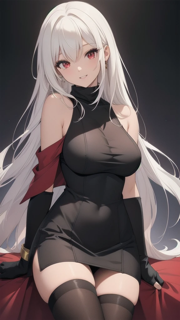 masterpiece, best quality, 1 solo girl, white hair, red eyes, long hair, medium breasts, sexy body and face, wavy hair, smile, parted lips, gradient clothes, dress, elbow gloves, sleeveless, bare shoulders, cape,boots, bracelet, sleeveless dress, ribbon, black gloves, turtleneck, short dress, pantyhose, black footwear, night, sexy pose, cowboy shots, detailed body, face, and eyes, sharp focus, vibrant, creative, dynamic, high definition, high resolution, 8k, (Upscale: R-ESRGAN 4x+ Anime6mage enchance:4x), voluptuous body, cinema lightning, dakimakura style, looking at the viewer,