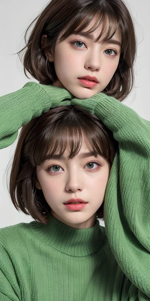 Girl, brown hair, bob haircut, with bangs, purple snow jacket with green sweater inside, hands crossed, slightly serious expression, big eyes, white gloves, blue eyes,professional, cinema, studio