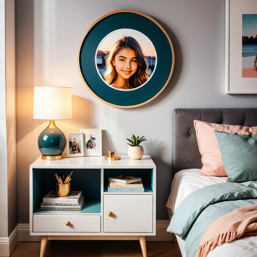 a photo of a night stand in a agers room, a picture in a round frame, radiant evening light