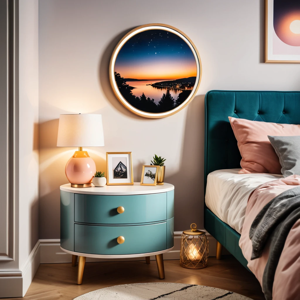 a photo of a night stand in a teenagers room, a picture in a round frame, radiant evening light
