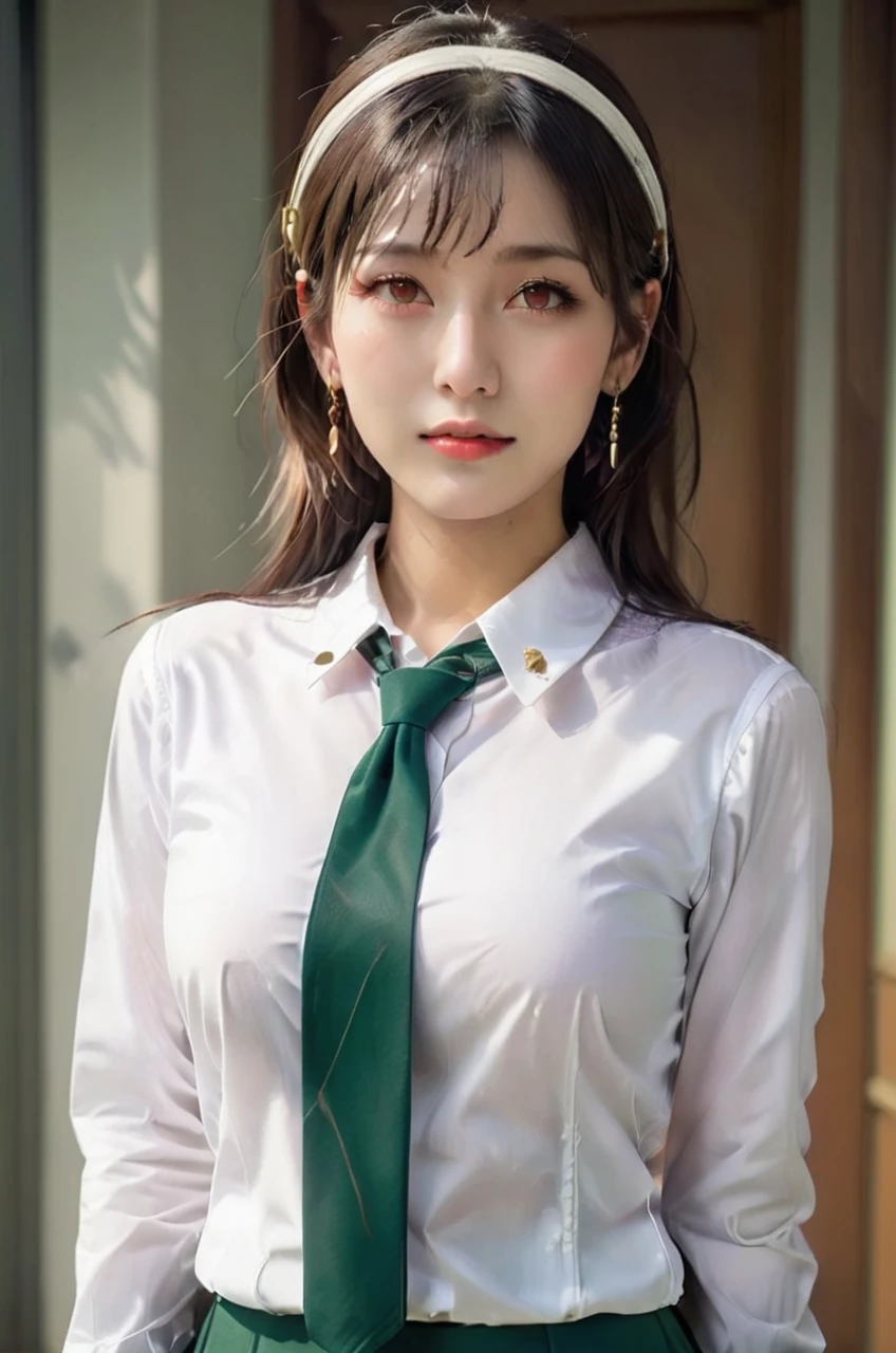 masterpiece, best quality, highres, bbyorf, short hair with long locks, white hairband, red eyes, gold earrings, large breasts, office lady, white shirt, collared shirt, green vest, long sleeves, green skirt,