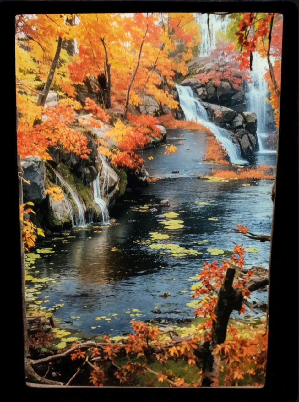 The upper right of the picture is a beautiful view of the waterfall，At the bottom of the picture, on the right side, there is a man standing fishing by the water.，There is a yellow cat squatting by the water in the middle of the bottom of the picture，There is a beautiful woman playing in the water on the left below the picture。Valley lake scenery，Sparkling water surface，Red maple in autumn，terrain changes，The colors are distinct and blended，Clear changes in light and shadow，Silky smooth and delicate watercolor painting