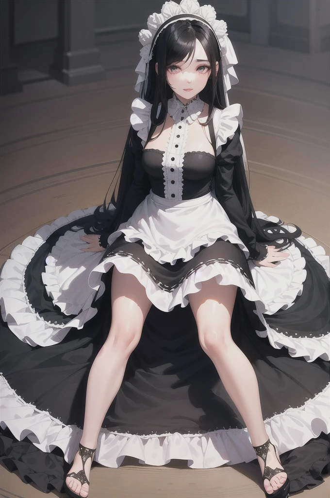 a beautiful young woman with long black hair, maid dress, kneeling, detailed legs and feet, chubby, cute 2D style, glowing HD background, intricate details, beautiful eyes, beautiful lips, elegant pose, dramatic lighting, vibrant colors, soft shadows, whimsical, magical, highly detailed, masterpiece, photorealistic