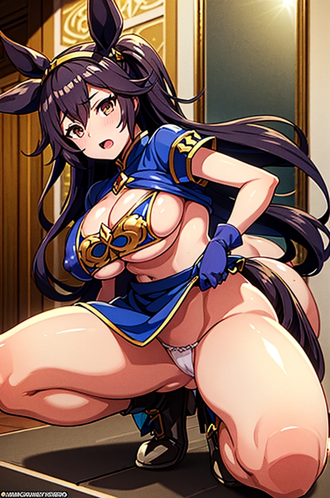 (ultra-detailed:1.1),perfect anatomy,
best quality,high quality, amazing quality, 
1 girl,solo,milf,in 2000s style,in fire_emblem:_genealogy_of_the_holy_war style,(umamusume),in granblue fantasy style,
horse ears,(horse tails from top of hip:1.2),
nsfw,vulgarity,humid,
squatting,spread legs,
clothed,wedding dress,military uniform,(breast curtains:1.4),
(underboob:1.3),(side boob:1.3),huge breast,
cleavage cutout,prostitution,
pelvic curtain,
metallic iridescent glitter costume,
(shiny reflection light:1.2), 