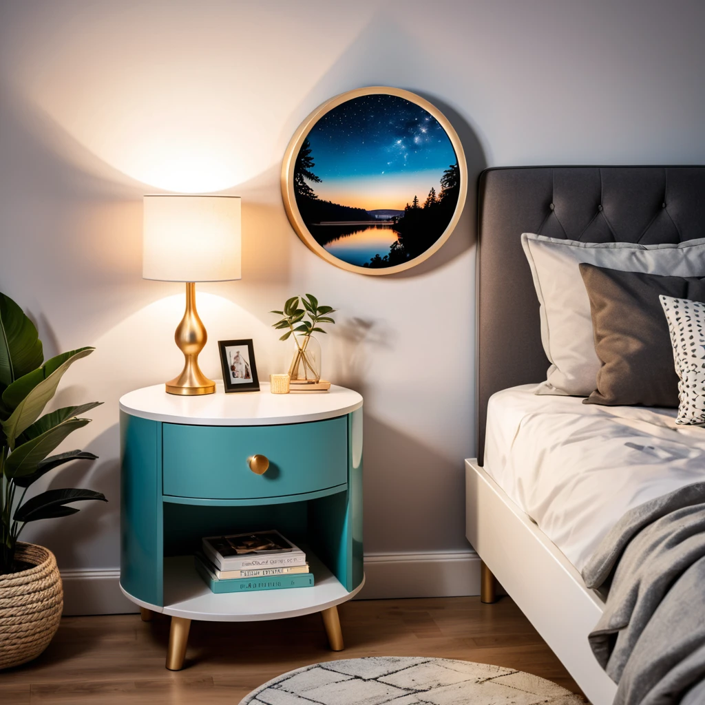 a photo of a night stand in a teenagers room, a picture in a round frame, radiant evening light
