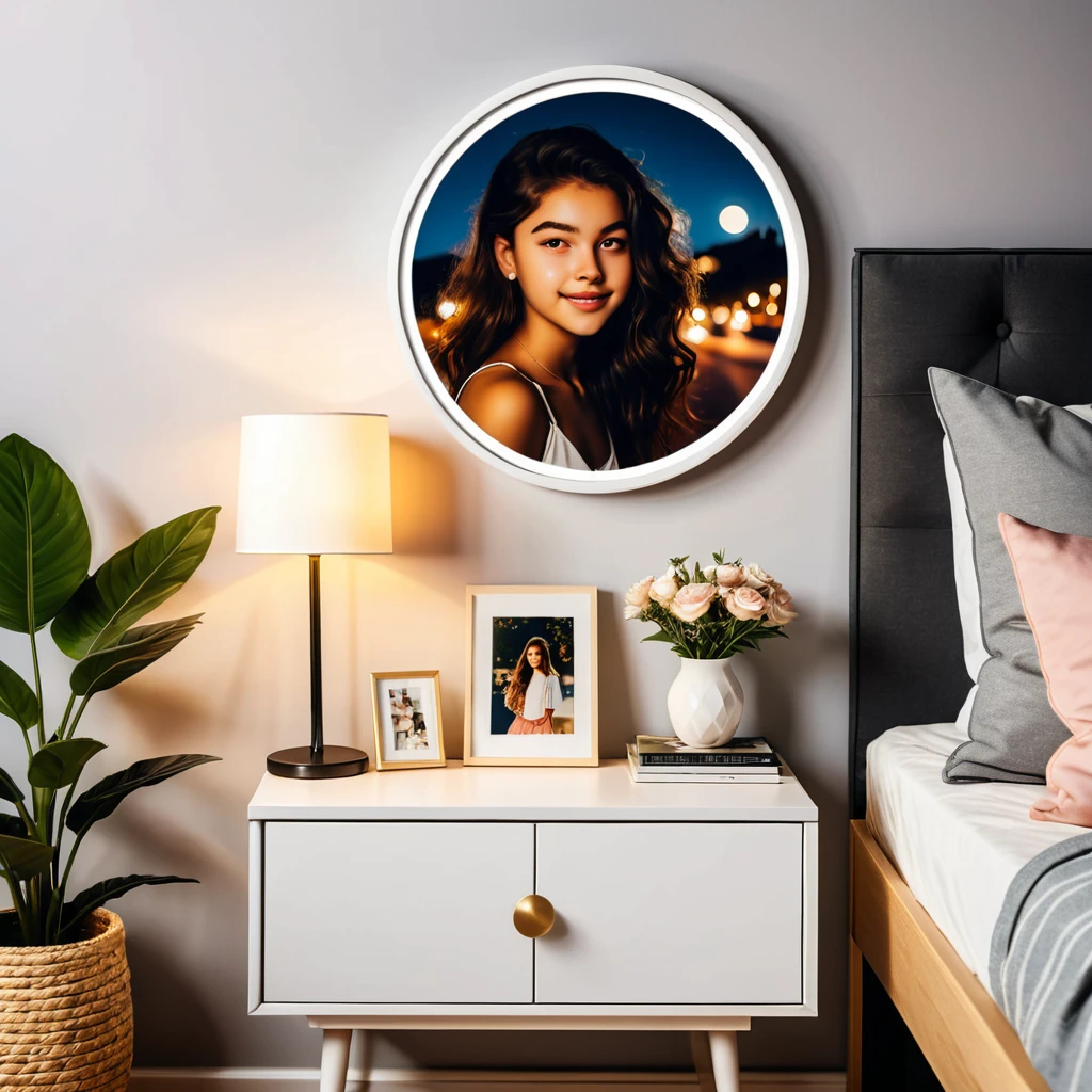 a photo of a night stand in a teenagers room, a picture in a round frame, radiant evening light